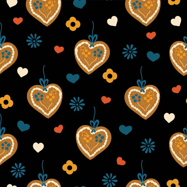 Lebkuchenherz Gingerbread Heart Seamless Pattern Oktoberfest Black Background Blue Red — Stock Vector