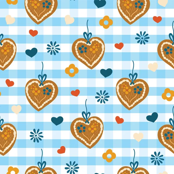 Oktoberfest Lebkuchenherz Peperkoek Hart Naadloze Vector Patroon Een Blauw Wit — Stockvector