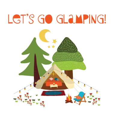 Büyüleyici - yaz kamp sahne vektör çizim gidelim. Boho teepee çadır. Kamp ateşi, sandalye, ağaçlar, ay ile kamp gece sahne. Orman macera. Kartları, afiş, reklam, dekor, tatil için