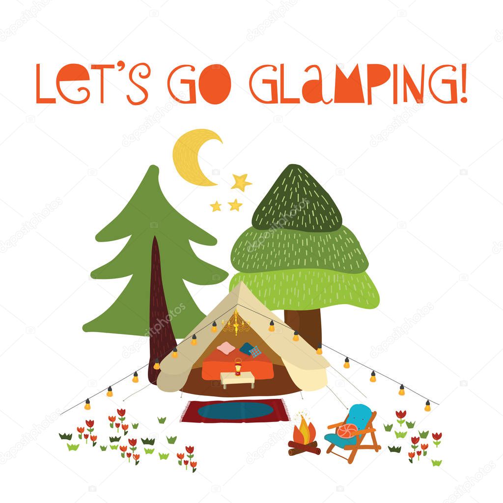 Lets go glamping - summer camping scene vector illustration. Boho teepee tent. Camp night scene with campfire, chairs, trees, moon. Forest adventure. For cards, poster, advertisement, decor, vacation