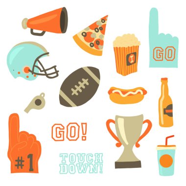 Süper kase parti vektör Icon set. Spor oyunları kutlama simgeler. Amerikan futbolu vintage retro tarzı. Kask, ödül, fincan, kupa, pizza dilimi, futbol, patlamış mısır, bira şişesi, megafon, köpük el