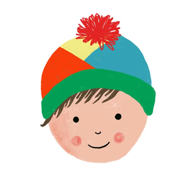 手绘的插图一个可爱的男孩与针织帽子 孩子们的脸 儿童的设计理念 圣诞节 — 图库照片