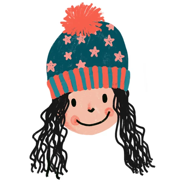 一个可爱的女孩的手绘插图与针织帽子 孩子们的脸 儿童的设计理念 圣诞节 — 图库照片