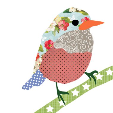 Kolaj stil kuş. Patchwork serçe illüstrasyon. Kadınsı ev dekorasyonu, kadınlar, kızlar, çıkartmalar, kağıt, için rezervasyon hurda, tasarım kağıdı