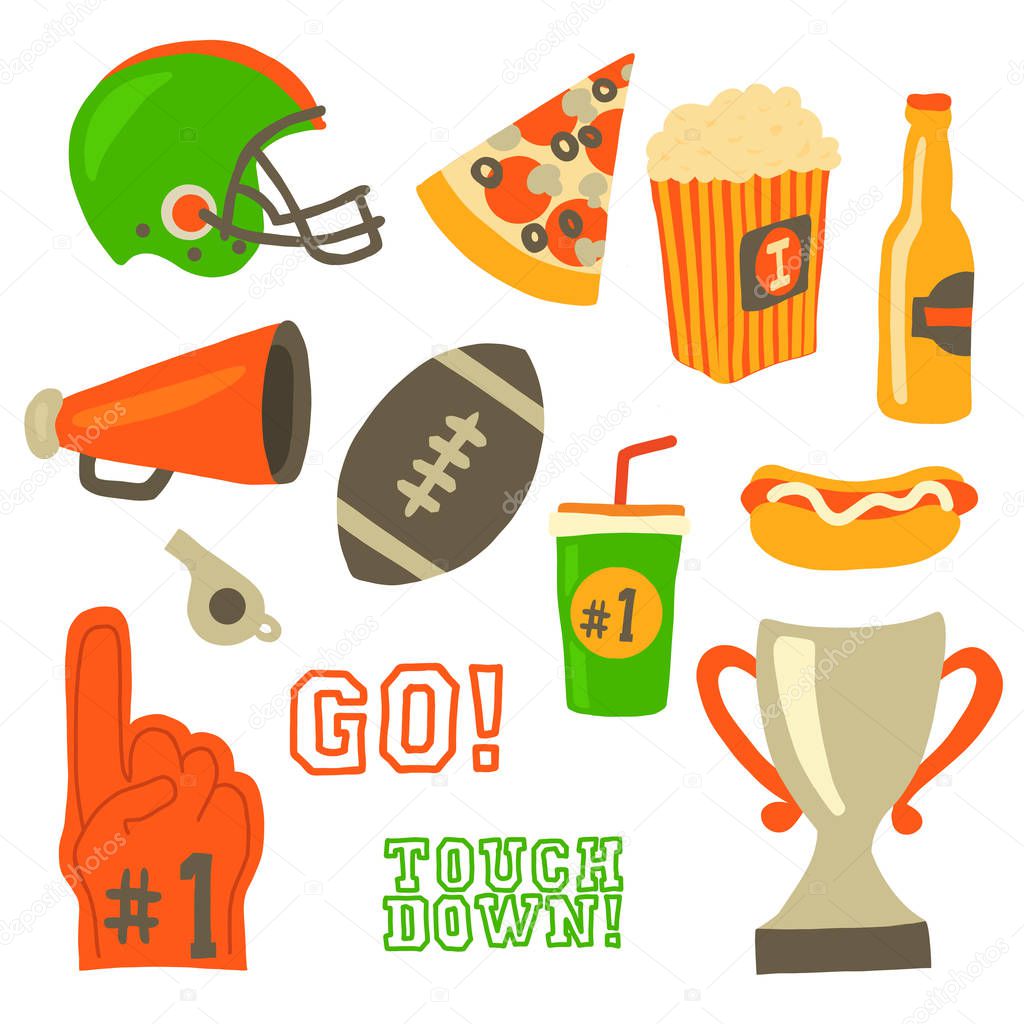 Football party vector icon set. Super bowl celebration. American football vintage retro style. Sport game Helmet, award, cup, trophy, pizza slice, football, popcorn, beer bottle, megaphone, foam hand.
