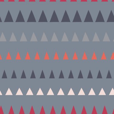 Üçgen bir satır sorunsuz vektör desen. Arka plan elle çizilmiş üçgen kaplı. Geometrik tasarım gri, mavi, beyaz, kırmızı. Kumaş, çocuk, koordinat, dijital kağıt, sayfa doldurmak için