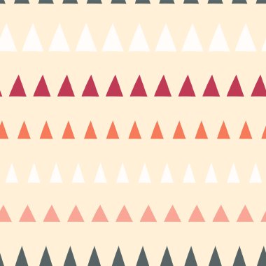 Üçgen bir satır sorunsuz vektör desen. Arka plan elle çizilmiş üçgen kaplı. Geometrik tasarım bej, gri, beyaz, mercan, pembe. Kumaş, çocuk, koordinat, dijital kağıt, sayfa doldurmak için