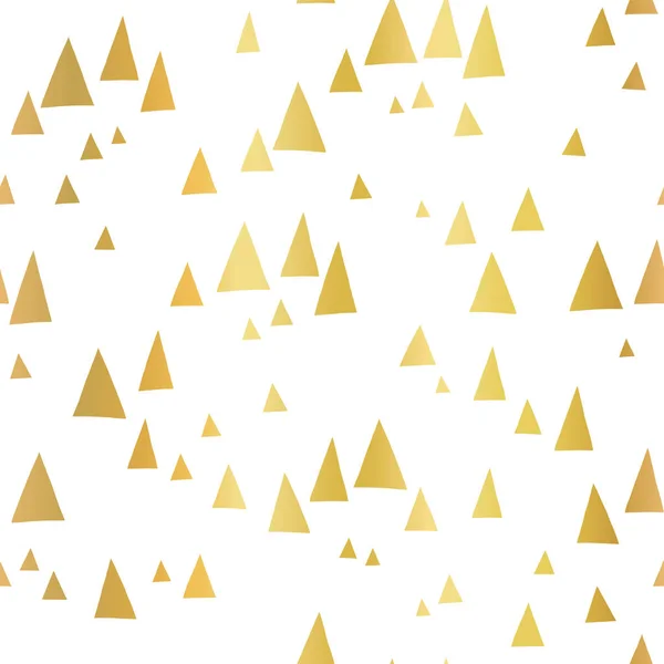 Scattered gold foil triangles on white seamless vector pattern. Abstract geometric background. Abstract mountain landscape in elegant shiny metallic foil. For cover, cards, poster, page fill, decor