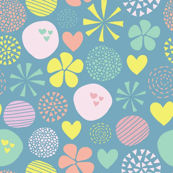 Χαριτωμένο doodle διάνυσμα μοτίβο με λουλούδια, τελείες, καρδιές σε ροζ, κίτρινο, πράσινο, μπλε. Αφηρημένη απρόσκοπτη υπόβαθρο. Χέρι που απλά θηλυκή σχεδιασμού για κορίτσια, ύφασμα, ψηφιακό χαρτί, Μωρό, γυναίκα, διακόσμηση — Διανυσματικό Αρχείο
