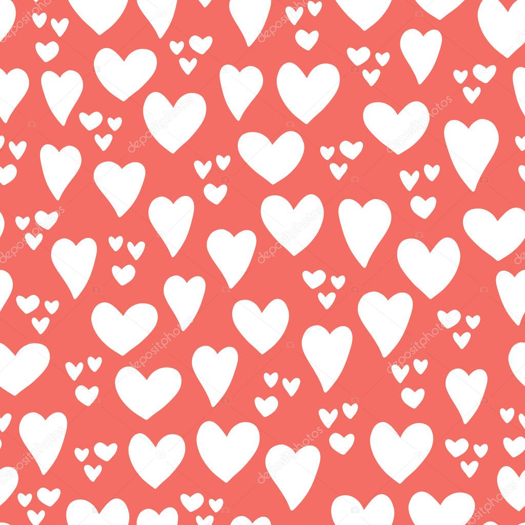 Hearts seamless vector pattern background. Hand drawn hearts isolated coral red, white. Use for cards, invitation, album, scrapbook, wrapping paper, kids fabric, Valentines day