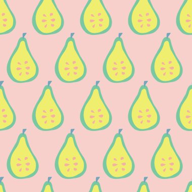 Pear pattern. Vector seamless pattern with illustrated pears isolated on pink. Food background. Fruit illustration. Use for card, menu cover, web pages, page fill, packaging, farmers market, fabric