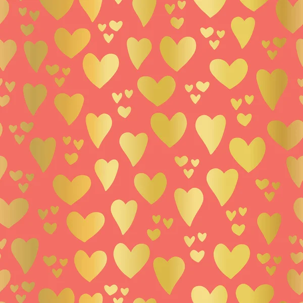 Feuille d'or Coeurs sur motif vectoriel sans couture corail — Image vectorielle