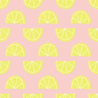 Lemon slices seamless vector pattern. Contemporary fruit design retro style. Yellow lemons on pink