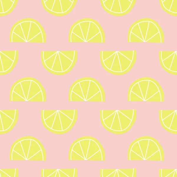 Limón rebanadas patrón de vectores sin costuras. Diseño de frutas contemporáneo estilo retro. Limones amarillos sobre rosa — Archivo Imágenes Vectoriales