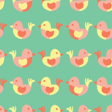 Sevimli kuş Dikişsiz desen vektör. Basit kuşlar pastel renklerde. Yeşil, pembe, mercan, sarı serçeler. Düz İskandinav çocuklar tasarım için kumaş, dijital kağıt, çocuk dekorasyon, çocuk odası, Ester, bahar