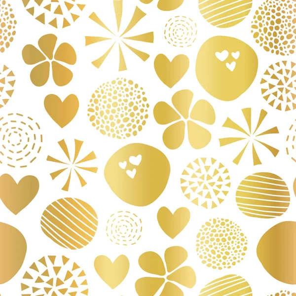 Feuille d'or motif vectoriel abstrait sans couture avec des fleurs, des points, des cœurs sur fond blanc. Mignon feuille métallique dorée design féminin pour fille, femmes, papier numérique, célébration, emballage, décor — Image vectorielle