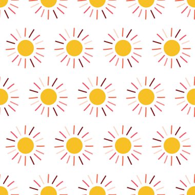 Güneş Dikişsiz desen vektör. Sarı turuncu pembe mercan el ile arka plan beyaz zemin üzerinde güneş illüstrasyon çizilir. Yaz, İlkbahar, çocuk, kumaş, sayfa dolgu, dijital kağıt için basit doodle arka plan