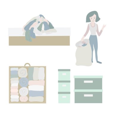 Declutter ve kavram vektör Icon set kadar derli toplu. Klozet organizasyon illüstrasyon. Kadın decluttering ve elbiselerini toplama çantası ile. Önce sonra. Çekmece katlanmış giysileri ile. Saklama kutuları.