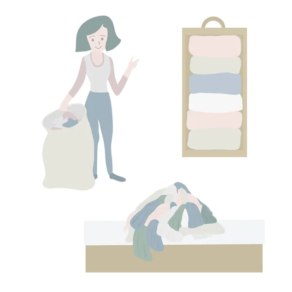 Tidying up Vector icon set. Closet organization illustration. House keeping. Tidy up. Declutter and tidying up concept. Woman with bag decluttering her clothes. Pile of clothes on bed. Before after.