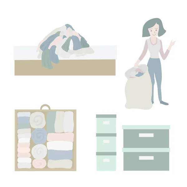 Declutter och städa upp konceptet vector Ikonuppsättning. Garderob organisation illustration. Kvinna med väska decluttering och städa hennes kläder. Före efter. Låda med vikta kläder. Förvaringslådor. — Stock vektor