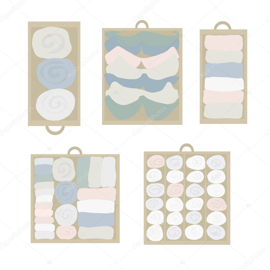 Drawer organization Vector icon set. Closet organization illustration. House keeping. Tidy up. Declutter and tidying up concept. Different drawers with folded clothes. Bras, socks, shirts in drawers.