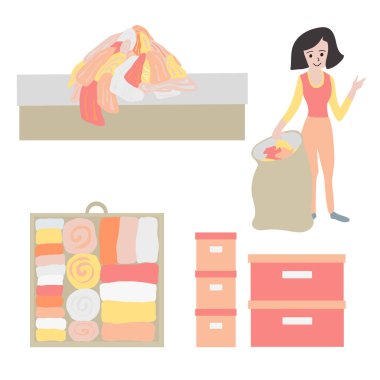 Odayı toparla ve kavram vektör Icon set declutter. Klozet organizasyon illüstrasyon. Kadın decluttering ve elbiselerini toplama çantası ile. Önce sonra. Çekmece katlanmış giysileri ile. Saklama kutuları.