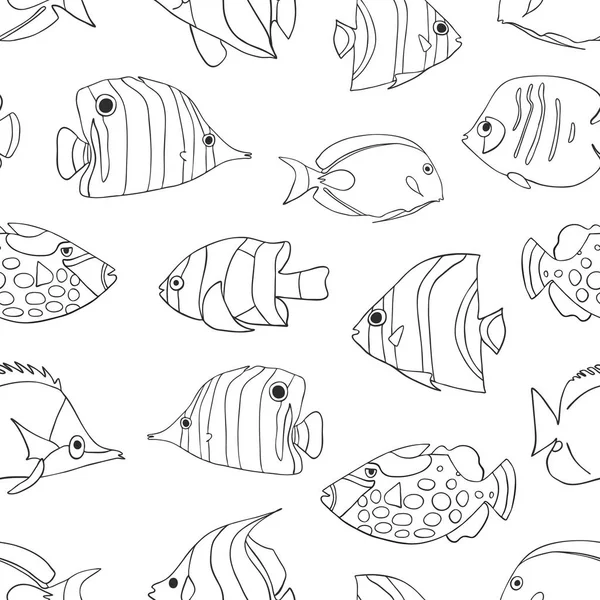 Peixe tropical preto no padrão vetorial sem costura branco. Butterflyfish natação, Triggerfish palhaço, Damsel, Anemonefish, Angelfish, fundo Clownfish. Mão desenhado fundo doodle marinho subaquático . —  Vetores de Stock