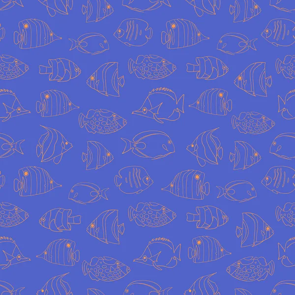 Naadloze vector patroon tropische vissen koraal op blauw. Zwemmen Butterflyfish, Clown Triggerfish, Damsel, Anemonefish, Angelfish, Clownfish Achtergrond. Hand getrokken doodle voor mariene onderwater achtergrond. — Stockvector