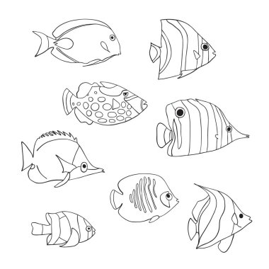 Tropikal balık Icon set. Vektör karakter izole. Butterflyfish, palyaço Triggerfish, küçük hanım, tehlikede, melek balığı, palyaço balığı beyaz siyah. El deniz sualtı doodle hayvanlar çekilmiş. Boyama kitabı