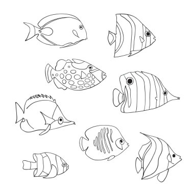 Tropical fish icon set. Vector isolated characters. Butterflyfish, Clown Triggerfish, Damsel, Anemonefish, Angelfish, Clownfish black white. Hand drawn marine underwater doodle animals. Coloring book clipart
