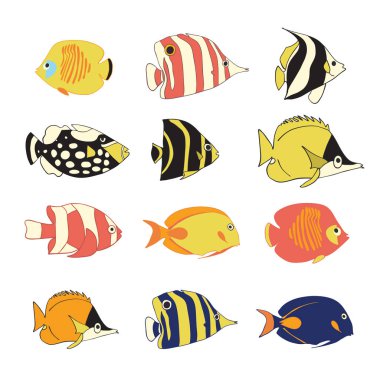 Tropik resif balıkları vektör Icon set. İzole vektör egzotik balık karakter. Renkli Butterflyfish, palyaço Triggerfish, küçük hanım, tehlikede, melek balığı, palyaço balığı. Deniz sualtı hayvanlar el çekilmiş
