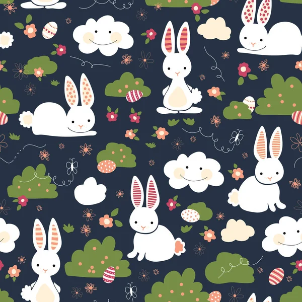Cute Easter bunnies seamless vector kids pattern. Cute bunny, Easter eggs, flowers, clouds on blue background. Cartoon style rabbits hiding eggs. For gift wrap, digital paper, kids fabric, spring — Stock Vector