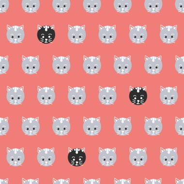 Polka dot sorunsuz vektör desen kediler. Sevimli kedicik arka plan mercan kırmızı daireler karşı karşıya. Geometrik eğlenceli tasarım çocuk. Kullanım için kumaş, çocuklar dekor, hediye paketi, ambalaj, dijital kağıt, kart, kreş.
