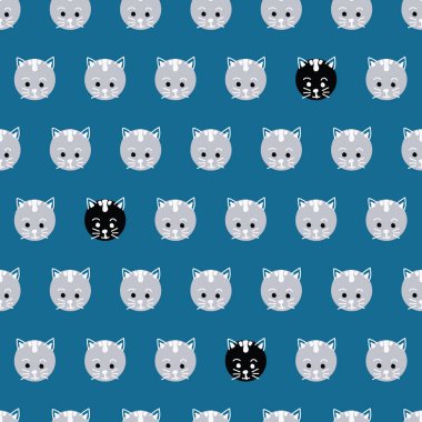 Şirin kedi yüzler sorunsuz vektör desen. Sevimli kedicik lekeli mavi zemin üzerine. Geometrik eğlenceli tasarım çocuk. Kullanım için kumaş, çocuklar dekor, hediye paketi, ambalaj, dijital kağıt, kart, kreş.