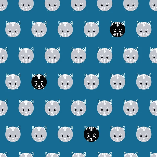 Şirin kedi yüzler sorunsuz vektör desen. Sevimli kedicik lekeli mavi zemin üzerine. Geometrik eğlenceli tasarım çocuk. Kullanım için kumaş, çocuklar dekor, hediye paketi, ambalaj, dijital kağıt, kart, kreş.