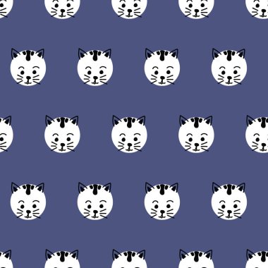 Çocuklar polka dot sorunsuz vektör arka plan kediler. Desen siyah ve beyaz mavi sevimli kedicik yüzleri. Geometrik eğlenceli tasarım çocuk. Kullanım kumaş, çocuklar dekor, hediye paketi, ambalaj, dijital kağıt, kartları için