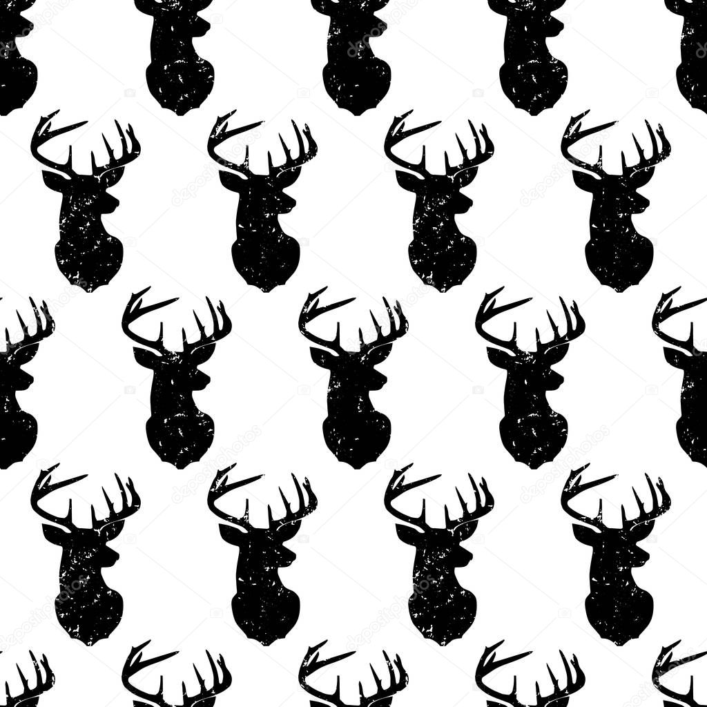 Deer head seamless vector pattern vintage style. Distressed animal background. Monochrome forest animal backdrop retro style. Use for fabric, home decor, digital paper.