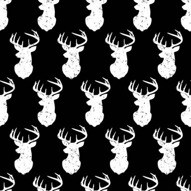 Geyik sorunsuz vektör desen vintage tarzı kafa. Sıkıntılı hayvan arka plan. Tek renkli orman hayvan zemin retro tarzı. Kullanım kumaş, ev dekorasyonu, dijital kağıt için.