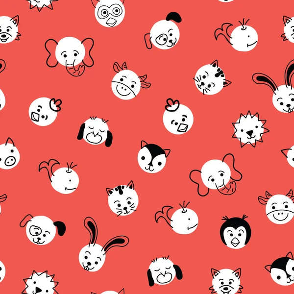 Lindos niños garabato animal lunares fondo vector sin costuras. Patrón con círculos blancos con caras de animales en rojo. Diseño sencillo de garabatos para niños. Uso para la decoración de los niños, papel pintado, tela . — Vector de stock