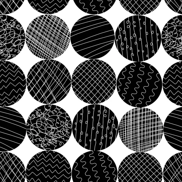 Monokrom texturerat cirkel former sömlös vektor mönster. Svart och vitt abstrakt cirklar bakgrund. Moderna hipster upprepa kakel design för blogginlägg, digitalt papper, tyg, web banner, heminredning — Stock vektor