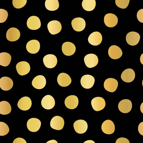 Polka dots gold foil on black seamless vector background. Golden hand drawn circles repeating pattern. Elegant backdrop. Use for invitation, celebration, card, banner, birthday, party, wedding, decor — Stock Vector