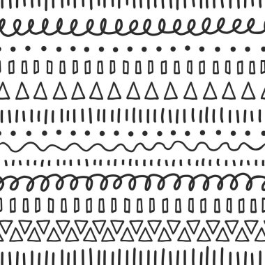 Siyah sorunsuz vektör desen doodles. Etnik ve kabile motifler. Elle çizilmiş doodle vuruş, çizgiler, arka plan yinelenen üçgenler. Kumaş, web arka plan, yüzey dekor, dijital kağıt için çocuklar yazdırma