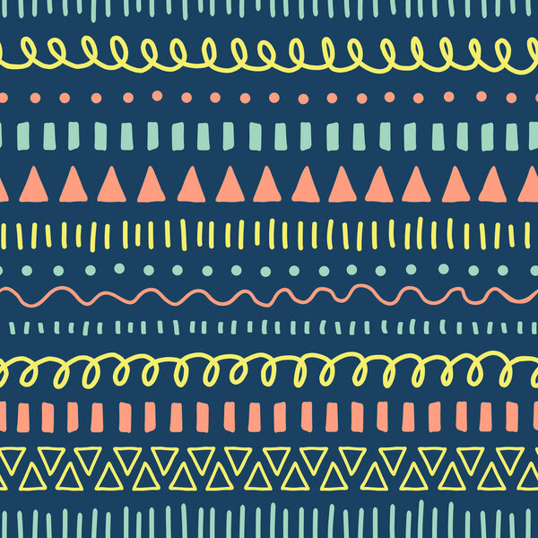 Doodles seamless vector pattern. Ethnic and tribal style background coral pink, blue, yellow, teal. Hand drawn doodle strokes, lines, triangles repeating background. For fabric, web banner, kids decor