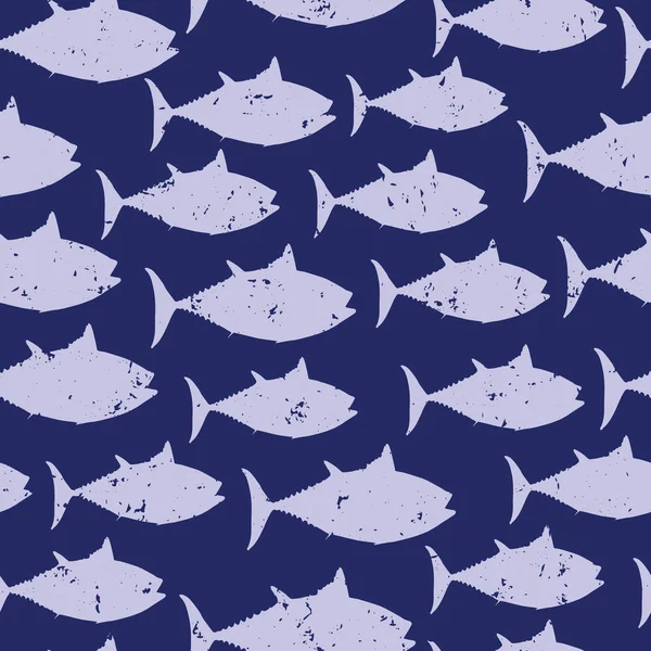 Blue Fish Silhouettes naadloze dierlijke Vector patroon achtergrond. Nautische getrokken illustratie verdrietig vintage stijl. Voor stof Fashion zomer Scrapbooking, Gift Wrap, Kids Prints — Stockvector