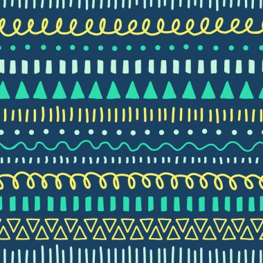 Kabile karalamalar Dikişsiz desen vektör. Etnik tarzı arka plan beyaz, mavi, sarı, deniz mavisi. Elle çizilmiş doodle vuruş, çizgiler, arka plan yinelenen üçgenler. Kumaş, web afiş, çocuklar dekor için