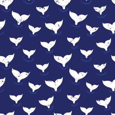 Balina fin Dikişsiz desen vektör. Basit deniz arka plan mavi ve beyaz. Balina kuyruğu silüeti. Ocean Tema tasarım kumaş, bebek giysileri, ambalaj kağıdı, çocuklar dekorasyon, duvar kağıdı