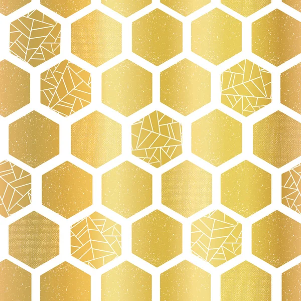 Folha de ouro hexágono formas padrão vetor sem costura. Hexágonos dourados geométricos fundo com textura. Design elegante para cartão, festa de aniversário, convite de casamento, celebração, papel digital, decoração de casa — Vetor de Stock