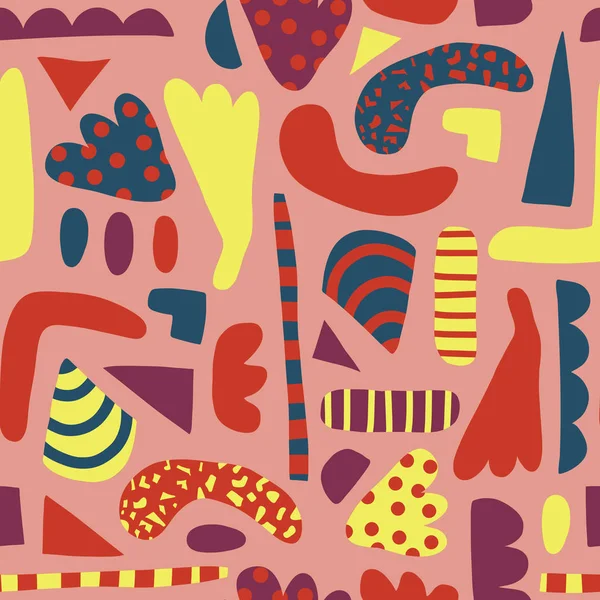 Abstraktní tvary bezešvá vektorová vzor pro dívky. Jednoduché prvky růžové, žluté, modré pozadí skandinávském stylu. Moderní tiskové šťastné děti. Pro výzdobu, textilie, papíru, plakát, balení, tapety, — Stockový vektor