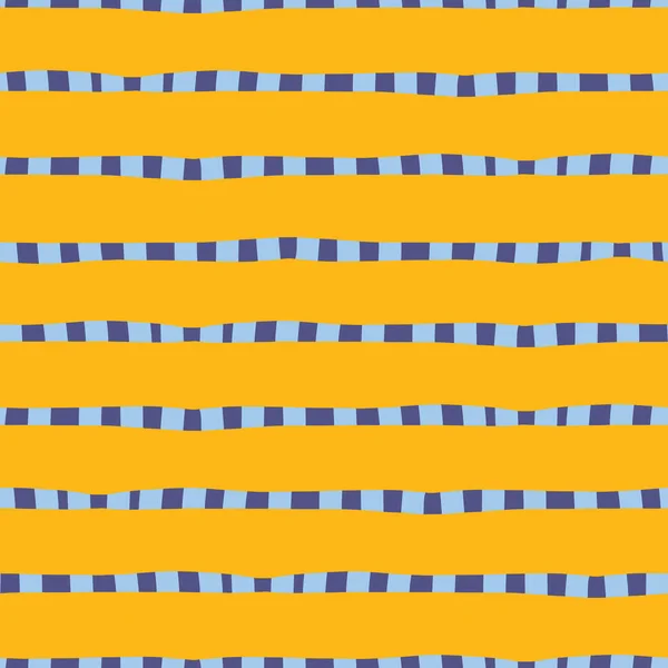 描かれた横縞黄色ゴールド ブルー シームレスなベクトルの背景を手します。不規則な線が抽象的なパターンを繰り返します。子供たちの素朴なスタイル。子供市場、夏春座標、バナー、ファブリック — ストックベクタ