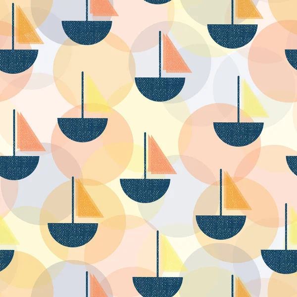 Modernos veleros Art Deco patrón de vectores sin costura. Vintage serigrafía estilo barcos azul, naranja, amarillo coral. Círculos en capas en el fondo. Intersección de puntos con opacidad diferente . — Vector de stock